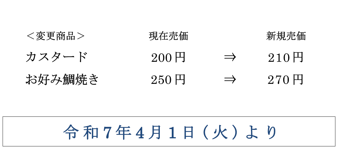 カスタード200円税込　⇒210円税込、お好み鯛焼き230円税込　⇒270円税込、令和7年4月1日より
